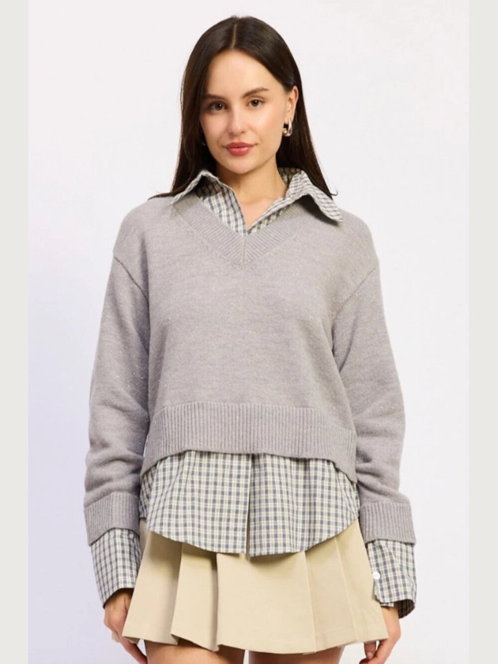 En Saison Annie Twofer Sweater Gray Navy Plaid Collared Layered Pullover